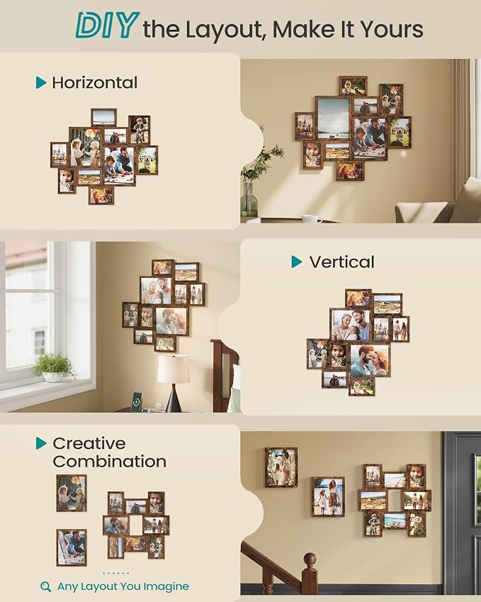 SONGMICS 10 Tool-Free Assembly Collage Photo Frames for Wall | Multi Picture Frames, Two 8 x 10 Inches, Four 5 x 7 Inches, Four 4 x 6 Inches, Rustic Brown, KAVI Collection URPF100MZ01