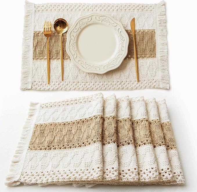 FEXIA Boho Placemats Set of 6, Macrame Table Mats Farmhouse Dining Decor | 12x20" Woven Burlap Place Mat with Tassel for Kitchen and Dining Table Centerpiece Home Decorations Rustic Boho Kitchen Decor