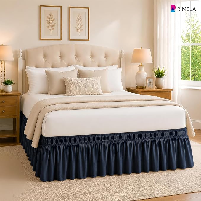 Navy Blue Bed Skirt King Size 18" Drop, Elastic Wrap Around Bedskirt | Solid Ruffled, Easy to Use, No Mattress Lifting, Wrinkle & Fade Resistant, with Adhesive Strips, Machine Wash/Dry/Iron