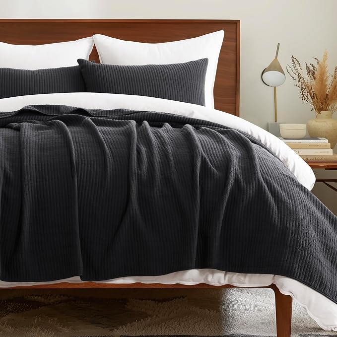 EVERGRACEHOME Cotton Ribbed Matelassé Coverlet Set, King, Washed Black | Soft Lightweight Bedspread, 3 Pieces, Breathable Cozy Oversized Quilted Bedding Set for All Seasons, with 2 Pillow Shams