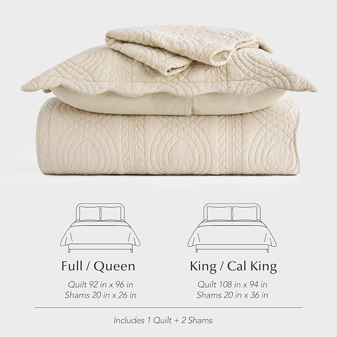EverGrace 100% Cotton Scallop Quilt Set, Queen Size, Flax Beige | Scalloped Border, Timeless Chic Aesthetic, All-Season Comfort, Perfect French Country Bedroom Decor, 3 Piece Set with 2 Shams