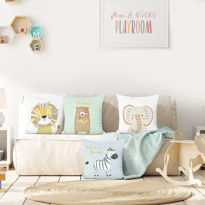 Bonhause Cartoon Animals Throw Pillow Covers 18 x 18 Inch Lion Bear Zebra Elephant Decorative Soft Velvet Pillow Cases for Couch Sofa Bed Kids Room Decor Set of 4