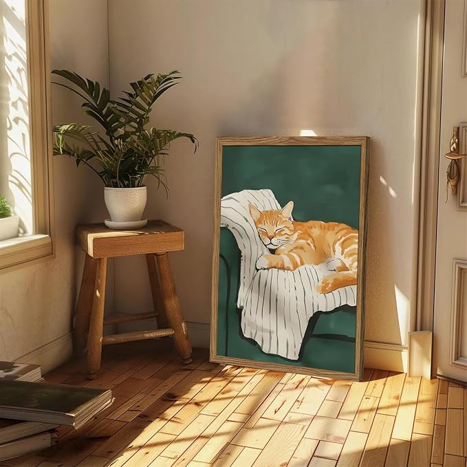 Funny Cat Wall Art Cute Cat Sleeping on Couch Wall Decor Painting Orange Pet Kitty Portrait Pictures Prints Contemporary Animal Canvas Artwork for Bedroom Living Room 16x24 inch Wood Framed