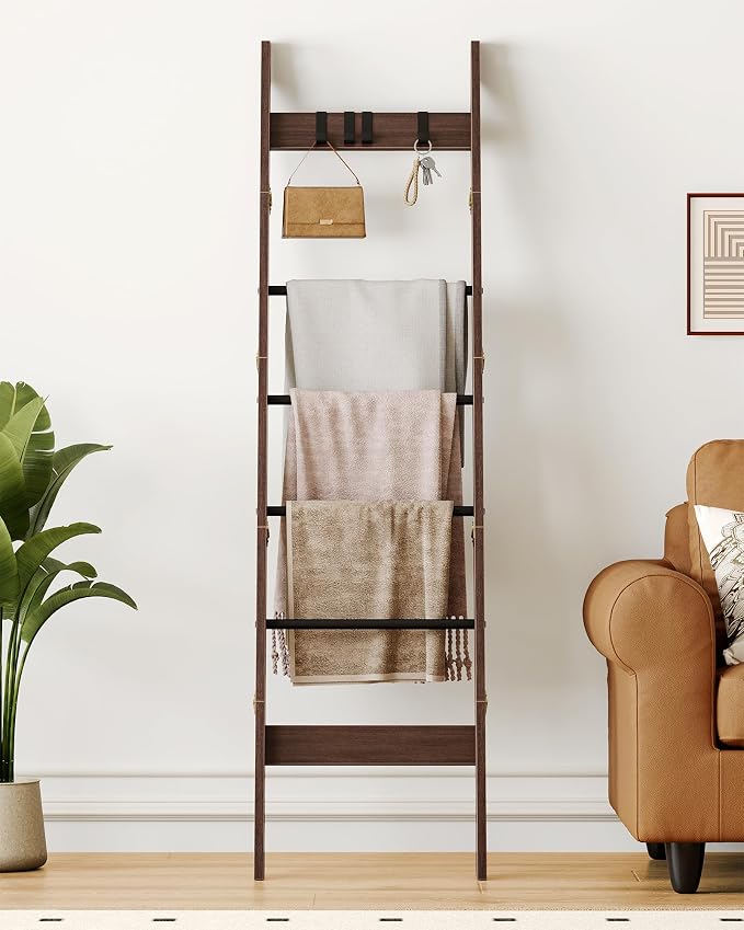 Hzuaneri Blanket Ladder Decorative Quilt Rack with 4 Removable Hooks | 6-Tier Farmhouse Ladder Holder Shelf Organizer for Living Room Bedroom, Black Tea Brown and Black BR31520B