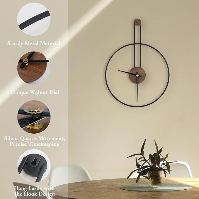 DRELIFAM Modern Wall Clock Large Wall Clocks with Walnut Dial Silent Non-Ticking for Living Room Home Decor Bedroom Kitchen Office 17.8''× 24.4'' (Black, Medium)