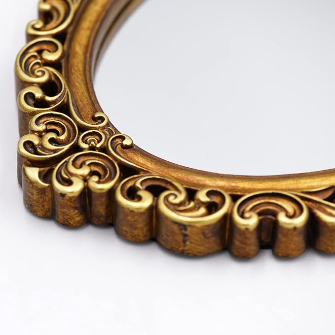 OIGUMR Oval Smallest Wall Mirror Resin Frame Size：12 x 8.3 inch Mirror Vintage Hanging Mirrors for Bedroom Living-Room Dresser Decor Gold | Vintage Hanging Mirrors for Bedroom Living-Room Dresser Decor