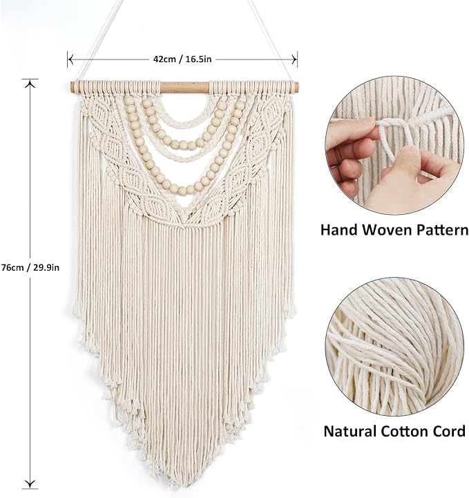 Beige Macrame Wall Hanging Handmade Tapestry with Chic Wooden Beads Tassels