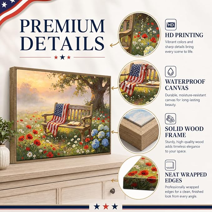 American Flag Framed Canvas Wall Art, 4th of July Patriotic Canvas Prints | Wildflower Landscape Poster Print, Vintage Rustic Independence Day Wall Decor for Bedroom Living Room Office 20×24in
