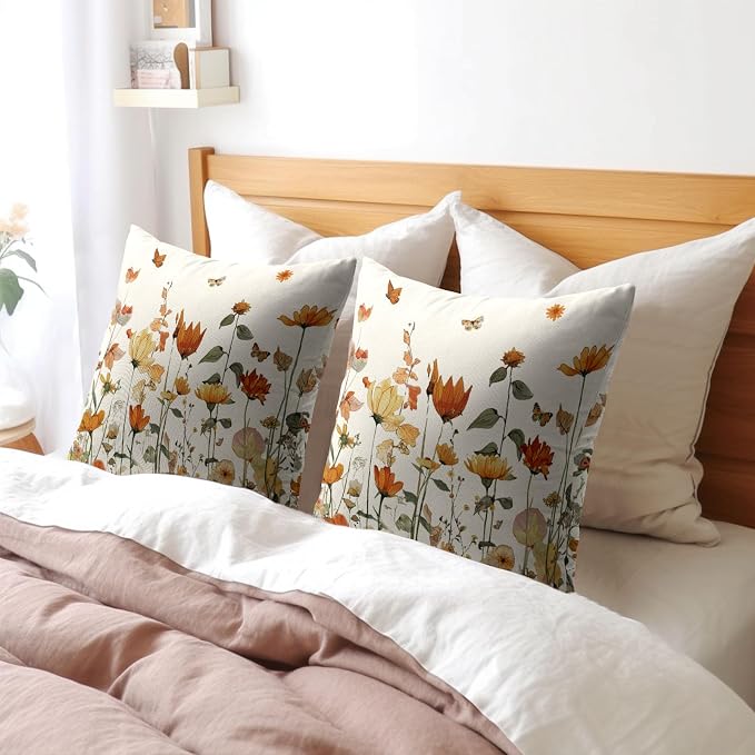 Kawani Fall Floral Pillow Covers 16x16 Inch Autumn Harvest Vintage Wildflower Outdoor Decorative Throw Pillows Set of 2 Thanksgiving Holiday Pillowcases for Couch Home Decor