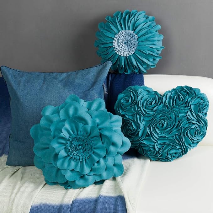 JWH Handmade Flower Pillow Cover Decorative Floral Pillow Case Round Cushion Summer Pillowcase for Home Bed Couch 14x14 Inches Teal Blue