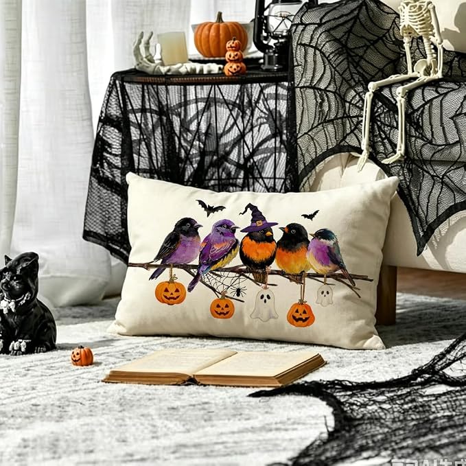 RABUSOFA Halloween Pillow Covers 12x20 Inch Halloween Decorations Outdoor | Watercolor Birds,Waterproof,Spooky Ghost Pumpkin Bat Halloween Decor,Supplies Accessories for Home Couch Party Patio