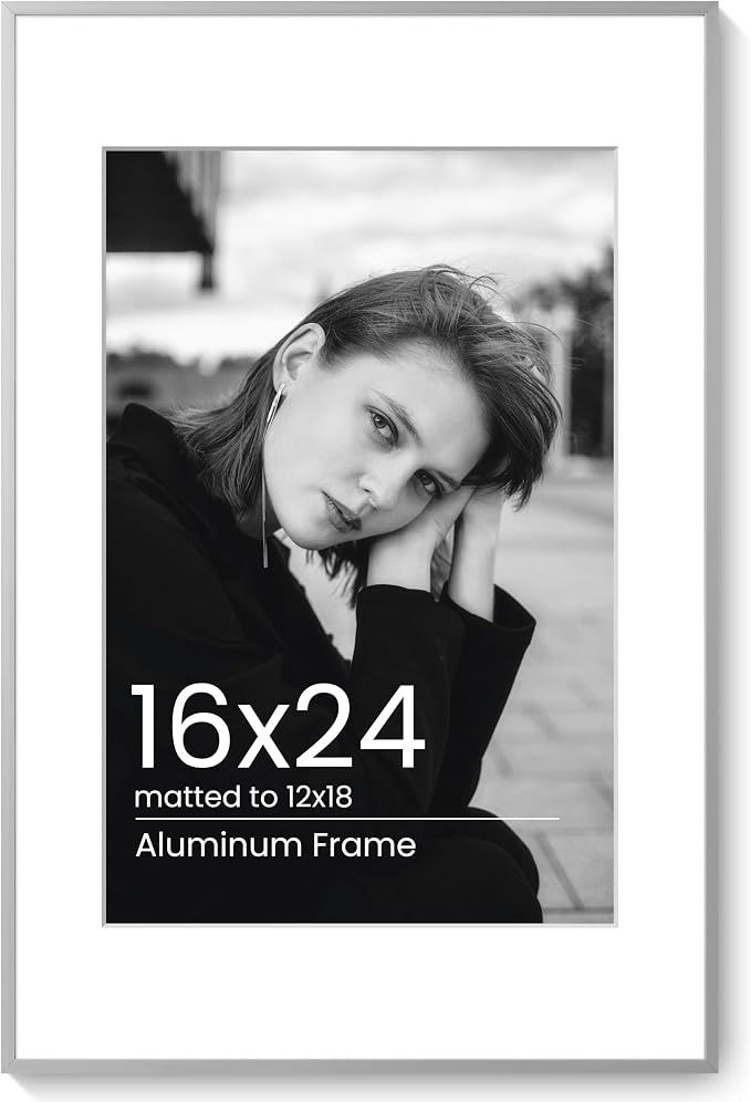 16x24 Poster Frame Silver, Aluminum Metal 16 x 24 Frame with Removable Mat, 16 by 24 Silver Picture Frame Matted to 12x18 Photo, Real Tempered Glass for Home and Office Gallery Wall, 1 Pack