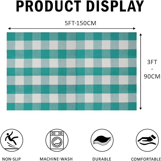 Buffalo Plaid Outdoor Rug 3x5 Ft Teal Green and White Checkered Area Rug Washable Doormats Indoor Outdoor Rugs for Layered Front Door Mats, Porch, Entryway, Kitchen, Farmhouse