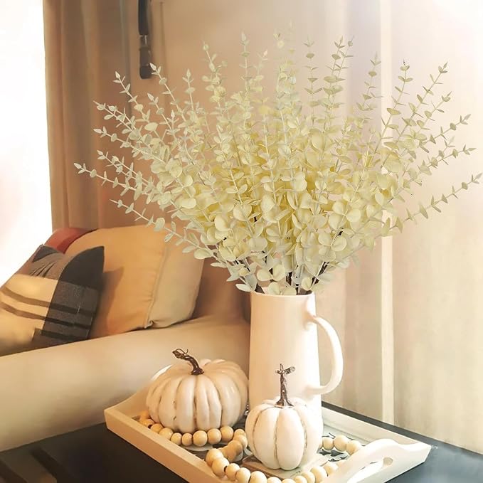GnFlus 5 Pcs Artificial Eucalyptus Stems Fall Eucalyptus Leaves Autumn Leaf Branches Fall Decorations with Foam Fall Leaves for Home Floral Arrangement Autumn Festival Thanksgiving Decor Cream White