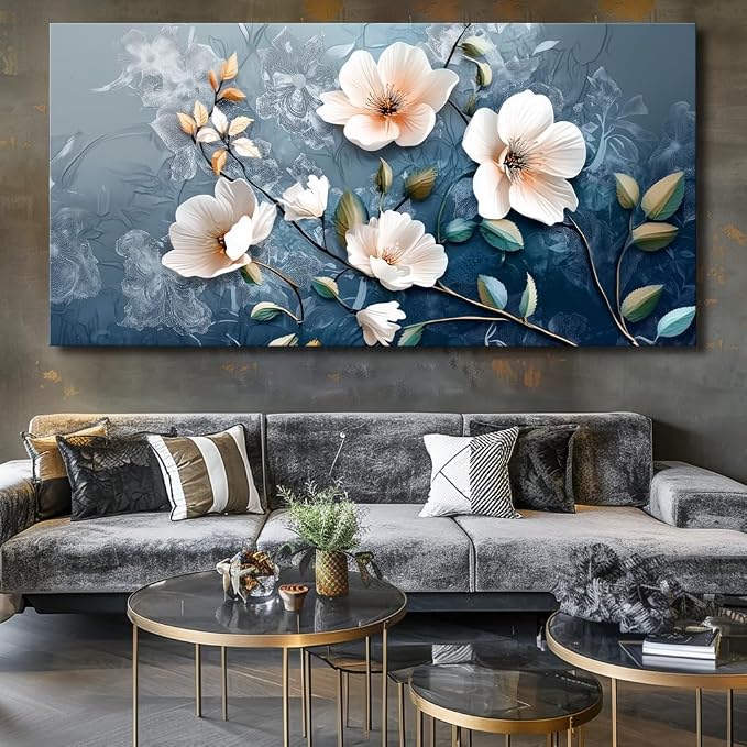 Large White Flower Wall Art with Blue Background Elegant Flower Framed Floral Canvas Print for Living Room, Bedroom, Dining Room, Home Office Modern Ready to Hang Home Decor - 20"x40"