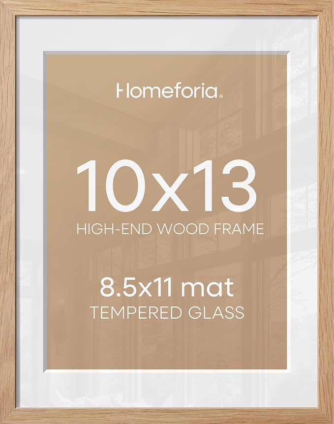 Homeforia 10x13 Natural Oak Picture Frame, High-End Wood, 8.5x11 Mat, Glass