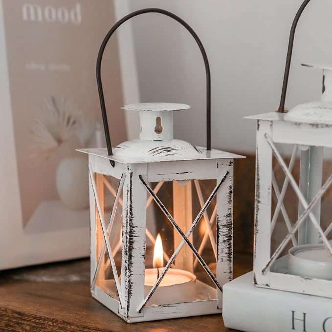 Kate Aspen Rustic Shelf Decor Luminous Vintage Tea Light Votive Candle Holders Metal Mini Decorative Lantern, Distressed White