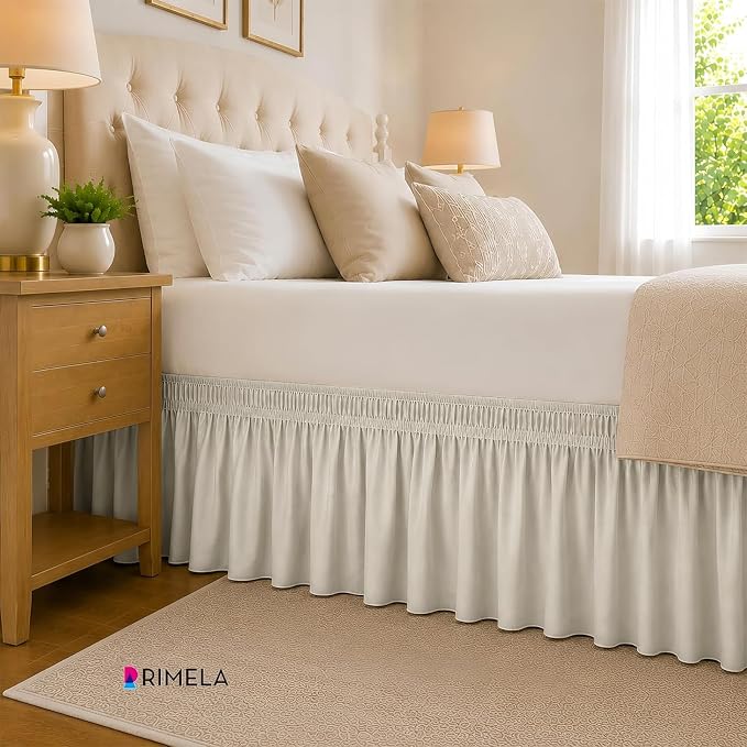 RIMELA Ivory Bed Skirt Queen Size 15 Inch Drop, Elastic Bed Skirting for Bed Base and Frame, Bedding Dust Ruffle Easy to Install, Lightweight Wrap Around Adjustable Bedskirt | Solid Ruffled, Easy to Use, No Mattress Lifting, Wrinkle & Fade Resistant, w...