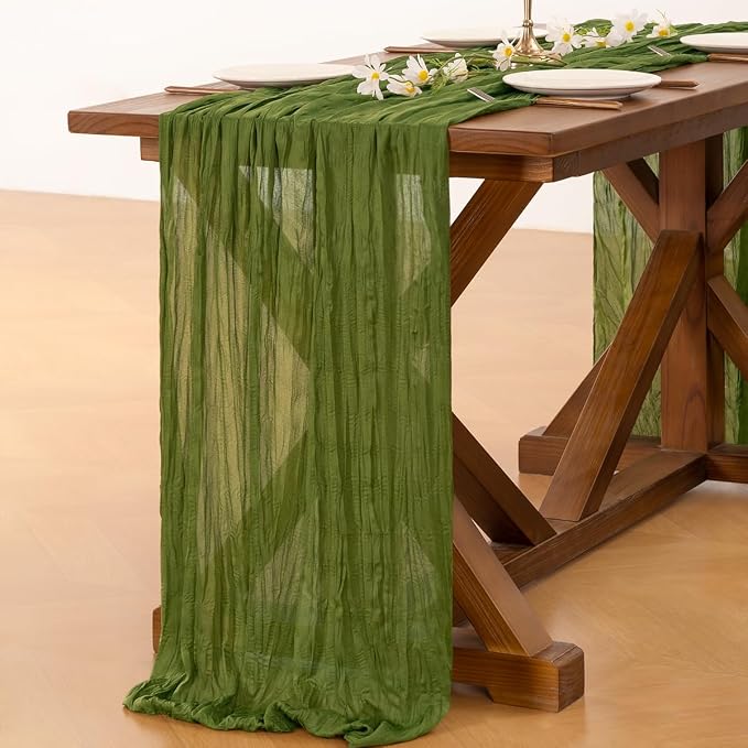 Cheesecloth Table Runner Fall Boho Wedding Birthday Party Home Decor | Moss Green Rustic Gauze 10FT 120in Cheese Cloth Sheer Farmhouse Dining Runner for Baby Shower Bridal Holiday Decorations
