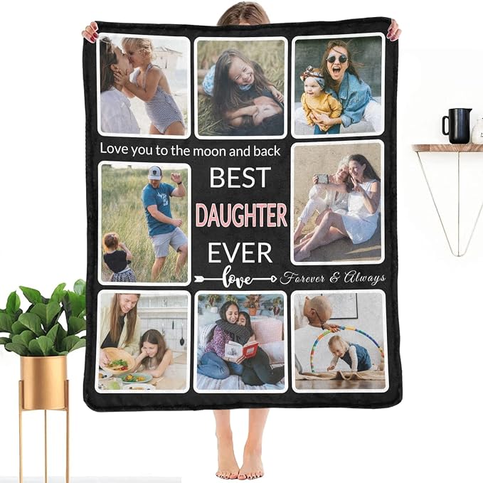 Gifts for Daughter Customized Blanket with Photo, Custom Blanket to My Daughter with Picture, Make a Personalized Memories Souvenir for Best Daughter Ever, 8 Collage Made in USA