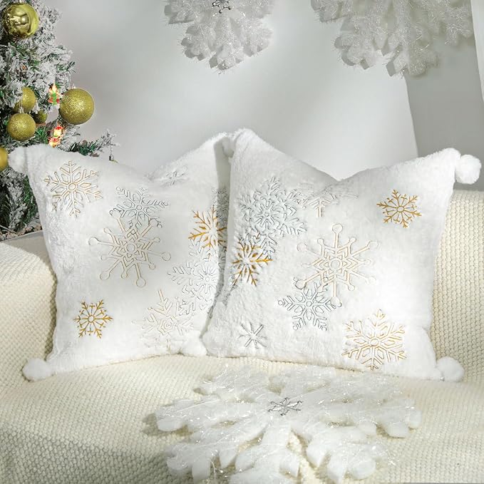 Lewondr Christmas Pillow Cover, Snowflake Embroidered, 18x18 Inch, Set of 2 | Double-Sided Faux Fur, Cozy Soft Decorative, Plush Ball, Luxury Embroidered, For Bed Home Decor Living Room