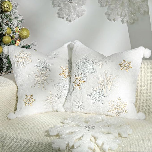 Lewondr Christmas Pillow Cover, Snowflake Embroidered, 18x18 Inch, Set of 2 | Double-Sided Faux Fur, Cozy Soft Decorative, Plush Ball, Luxury Embroidered, For Bed Home Decor Living Room