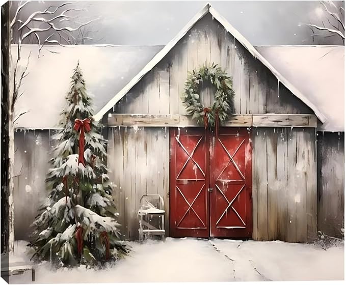 Vintage Christmas Barn Wall Art 12x18inch, Retro Winter Snow Landscape Holiday Xmas Artwork Poster Framed Christmas Tree Wall Decor for Home Farmhouse Bedroom Gallery Decorations