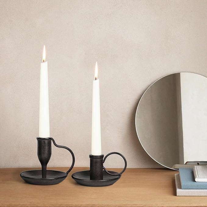 Matte Black Iron Candle Holder with Handle 2 Pcs Taper Candle Sticks Holder