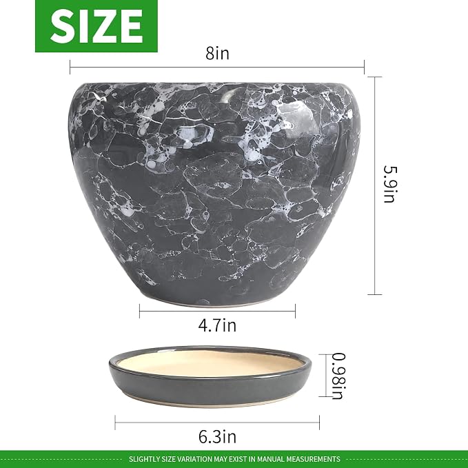 Deep Dream 8 Inch Plant Pots- Ceramic Pots for Plants with Drainage Hole and Saucer, Large Planter Pot for Indoor Plants Outdoor Decor, Gemstone Gray