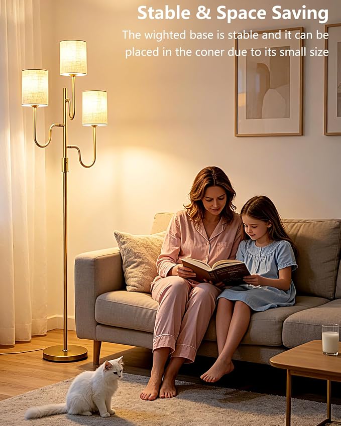Lightdot 63IN Gold Floor Lamp Dimmable 3-Lights LED Floor Lamps with Cylinder Fabric Shade& Warm White Bulb for Wedding/Party 3-Arm Standing Tall Lamp for Living Room/Bedroom/Sofa Beside/Corner Decor