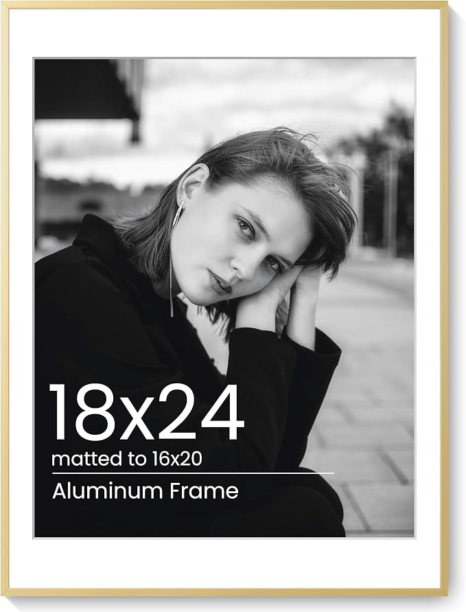 18x24 Poster Frame Gold, Aluminum Metal 18 x 24 Frame with Removable Mat, 18 by 24 Gold Picture Frame Matted to 16x20 Photo, Real Tempered Glass for Home and Office Gallery Wall, 1 Pack