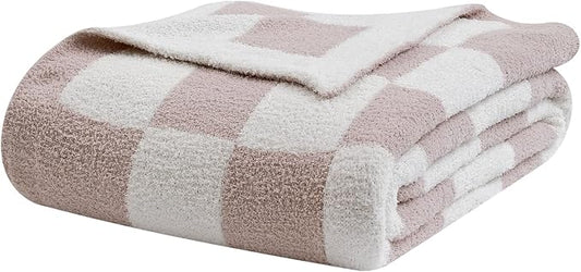 bearberry Soft Plush Throw Blanket for Couch, Cozy Warm & Lightweight | Knitted Fluffy Checkered Comfort Home Decor Gift for Women Mom Her, Sofa Chair Bed, 40x50in, Cream