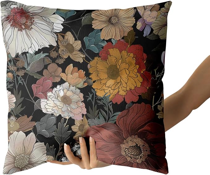 Giwawa Black Boho Flower Pillow Covers 20x20in Set of 2 Rustic Chic Floral Decorative Cotton Pillow Cases Vintage Botanical Plant Throw Cushion Covers for Sofa Couch Patio Indoor Outdoor