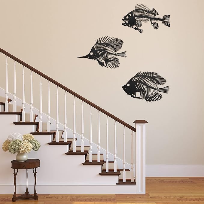 Zhengmy 3 Pcs Metal Fish Wall Art Fishing Wall Decor Hanging Metal Fish Bone Rustic Nautical Style Sign Plaque for Indoor Outdoor Office Home Bedroom Bathroom Living Room Window(Black)