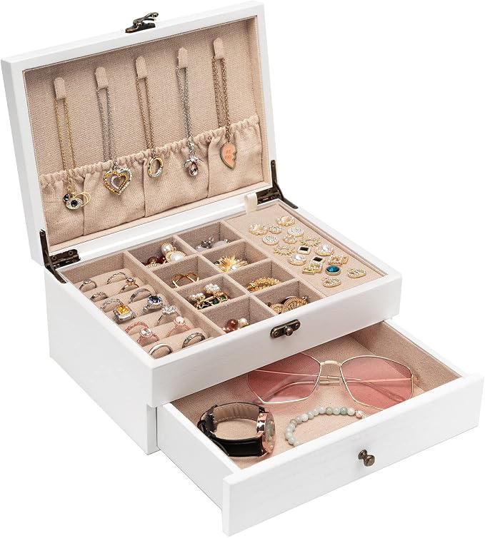 Pinzoveco Jewelry Box for Women, Rustic Wooden Jewelry Organizer Box for Storage Earrings Rings Necklace Bracelet, Farmhouse Style Wood Jewelry Boxes & Organizers (White)
