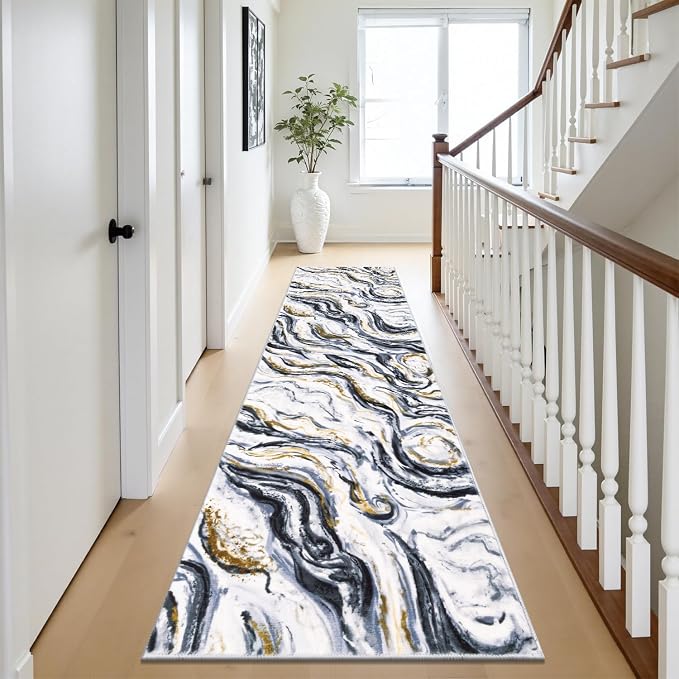 Yamaziot 2x8 Washable Modern Abstract Runner Rug Non-Slip for Hallways | Stain Resistant Kitchen Rug with Rubber Backing, Low Pile, Ultra Soft Carpet Runner for Bedroom, Laundry, Entrance,Black