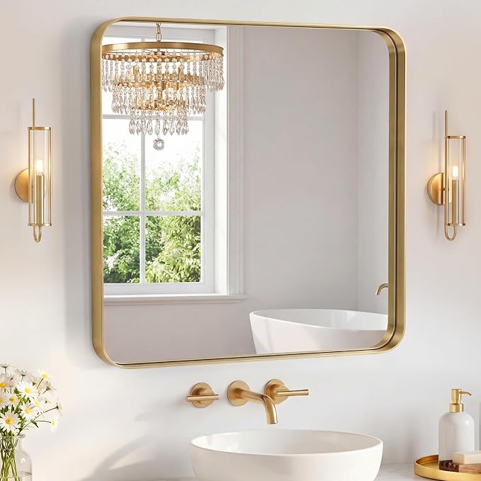 Sweetcrispy Bathroom Mirror 30x30 Inch, Vanity Mirror for Wall | Metal Framed Rounded Rectangle, Over Sink, Farmhouse Restroom, Anti-Rust, Horizontal or Vertical Hanging, Gold