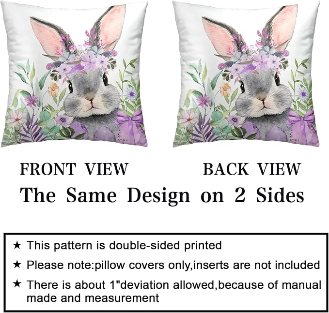 Purple Easter Bunny Pillow Covers 20x20 Inch Set of 2 Spring Decor