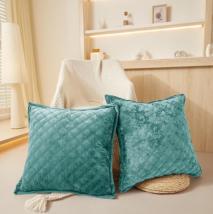 Pillow Cover 24x24 1 Piece Velvet Large Euro Sham with Hidden Zipper Wrinkle Resistant Soft Cross Process Decorative Farmhouse Quilted Cushion Covers for Couch Bed, Aqua Green