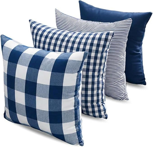 Coastal Navy Blue Buffalo Check Plaid Throw Pillow Covers 20x20 Set of 4 | Nautical Decorative Pillow Covers 20 x 20 Set of 4,Navy Blue Room Decor Pillows for Couch,Striped Gingham Buffalo Check Plaid