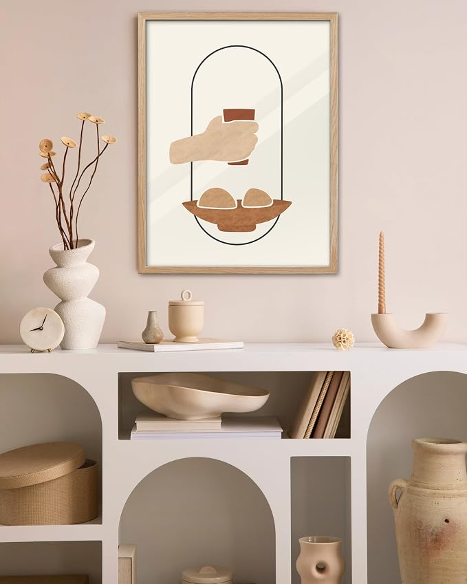 KensTro 16x20 Oak Framed Holy Communion Christian Wall Art | Natural Oak Wood Frame with Minimalist Communion Bread and Cup Design for Dining Room, Kitchen, Living Room or Prayer Space