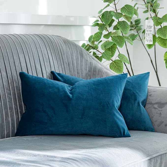 Light Navy Decorative Lumbar Velvet Throw Pillow Covers 12x20 inch Set of 2 with Zipper Luxury Soft Solid Rectangle Cushion Covers Case for Sofa Couch Bed Living Room