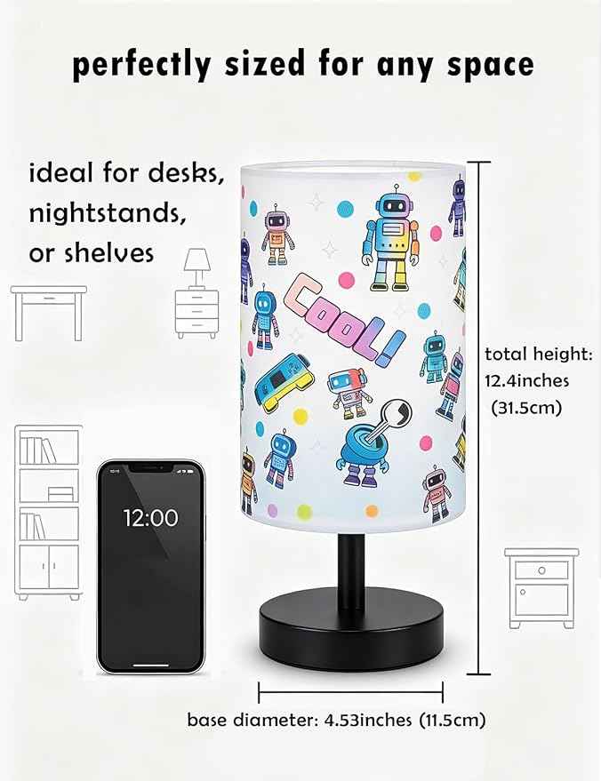 Kids Lamps for Bedrooms Boys, Robot Bedside Lamp , 3 Colors Nightst and Light Lamp, Round Base Flaxen Fabric Desk Lamp for Kids Room, Robot Lamp Gift fo Boys Girls (LED Bulb Included) (Robotic)