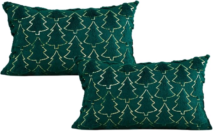 VAKADO 12x20 Set of 2 Christmas Throw Pillow Covers Embroidered Decorative Xmas Cushion Cases Holiday Soft Home Decor for Bedroom Sofa Chair Porch Winter, Green