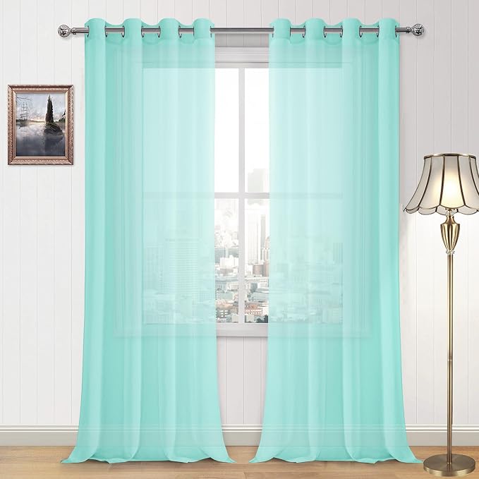 DWCN Semi Sheer Curtains, Grommet Top Window Sheer Curtain Drapes for Bedroom Living Room, Faux Linen Look Voile Transparent Solid Sheer Curtains Set of 2 Panels 52 x 95 Inches Long, Mint Green
