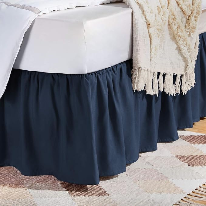 Amazon Basics Lightweight Ruffled Bed Skirt, Classic Style, Machine Washable, Fade and Wrinkle Resistant, 100% Microfiber with 16" Drop, Queen, Navy Blue