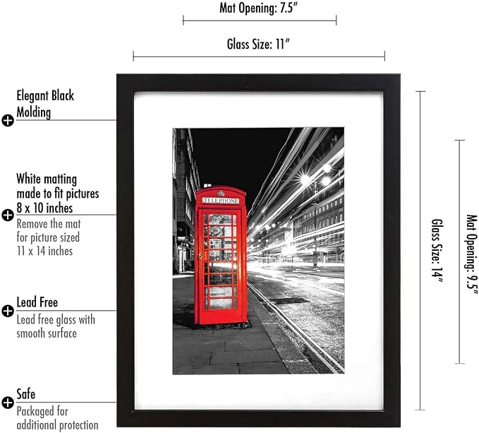 Americanflat 11x14 Picture Frame with Shatter-Resistant Glass - Use as 8x10 Frame with Mat or Display 11x14 Photo Without Mat - Signature Collection - Picture Frames for Wall Display - Black