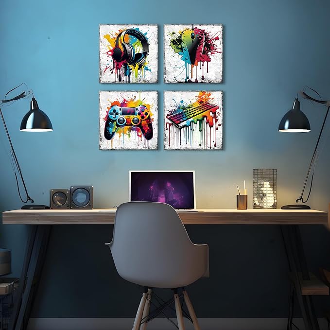 YOOOAHU Game Wall Decor Gaming Art Graffiti Gamepad Headphones Canvas Pictures Gamer Room for Boys Street Pop Bedroom Dorm Playroom Cave Teen Men Cool Video Painting Modern Artwork 12x12'' 4 Pcs