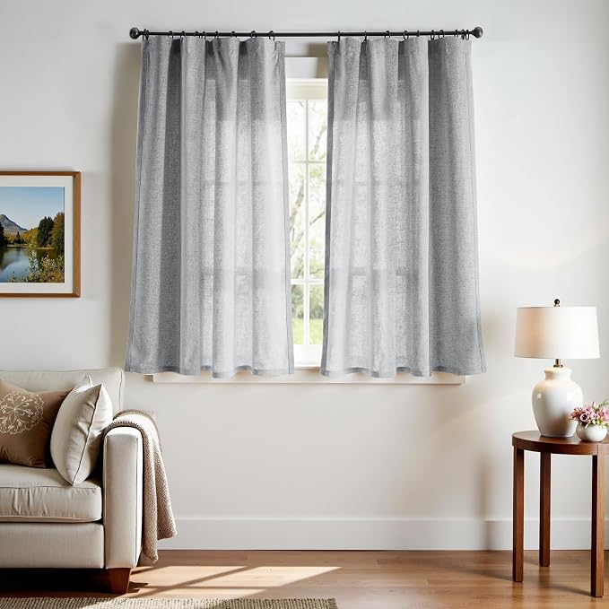 jinchan Linen Curtains Light Filtering Back Tab 50x63 Inch 2 Panels Grey | Semi Sheer Curtains 63 inch length for Bedroom Living Room, Modern Farmhouse Drapes with Rod Pocket, Natural Boho Curtains