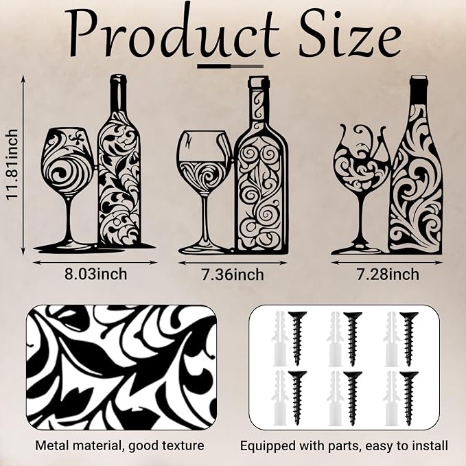 Otoolling 3 Pcs Wine Wall Art Black Metal Wine Sign 3 Style Modern Metal Bar Decor for Wall Drinker Gift for Dining Room and Entertaining Spaces(Filigree)